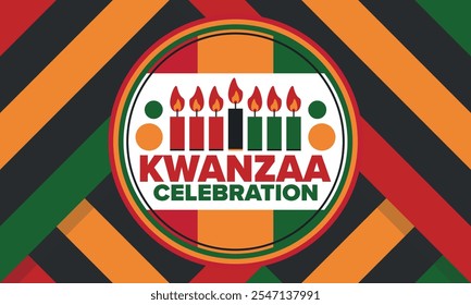 Celebración feliz de Kwanzaa. Festividad cultural afroamericana. Fiesta de los siete días, se celebra anualmente del 26 de diciembre al 1 de enero. Historia negra. Póster, tarjeta, Anuncio y fondo. Vector