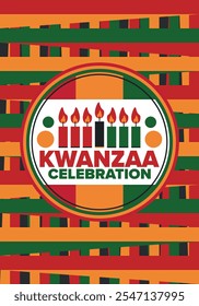 Celebración feliz de Kwanzaa. Festividad cultural afroamericana. Fiesta de los siete días, se celebra anualmente del 26 de diciembre al 1 de enero. Historia negra. Póster, tarjeta, Anuncio y fondo. Vector