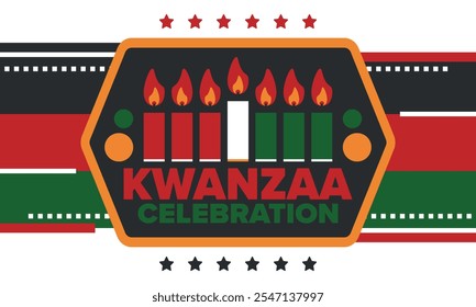 Celebración feliz de Kwanzaa. Festividad cultural afroamericana. Fiesta de los siete días, se celebra anualmente del 26 de diciembre al 1 de enero. Historia negra. Póster, tarjeta, Anuncio y fondo. Vector