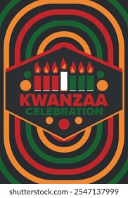 Celebración feliz de Kwanzaa. Festividad cultural afroamericana. Fiesta de los siete días, se celebra anualmente del 26 de diciembre al 1 de enero. Historia negra. Póster, tarjeta, Anuncio y fondo. Vector