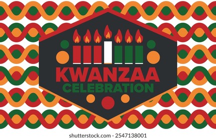 Celebración feliz de Kwanzaa. Festividad cultural afroamericana. Fiesta de los siete días, se celebra anualmente del 26 de diciembre al 1 de enero. Historia negra. Póster, tarjeta, Anuncio y fondo. Vector