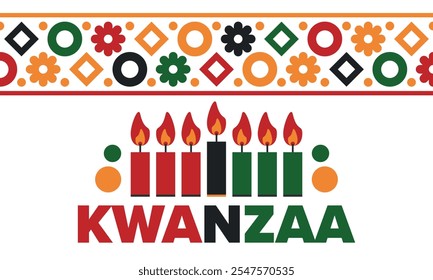 Celebración feliz de Kwanzaa. Festividad cultural afroamericana. Fiesta de los siete días, se celebra anualmente del 26 de diciembre al 1 de enero. Historia negra. Póster, tarjeta, Anuncio y fondo. Vector