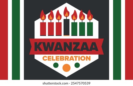 Kwanzaa Happy Celebration. African and African-American culture holiday. Seven days festival, celebrate annual from December 26 to January 1. Black history. Poster, card, banner and background. Vector