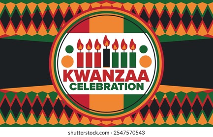 Celebración feliz de Kwanzaa. Festividad cultural afroamericana. Fiesta de los siete días, se celebra anualmente del 26 de diciembre al 1 de enero. Historia negra. Póster, tarjeta, Anuncio y fondo. Vector