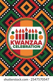 Celebración feliz de Kwanzaa. Festividad cultural afroamericana. Fiesta de los siete días, se celebra anualmente del 26 de diciembre al 1 de enero. Historia negra. Póster, tarjeta, Anuncio y fondo. Vector