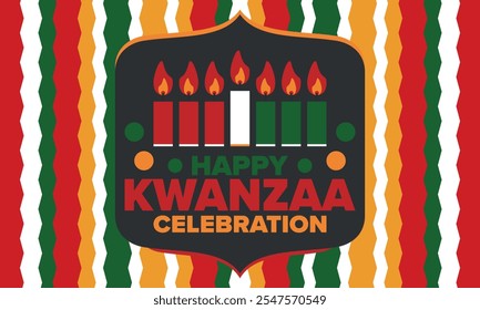 Celebración feliz de Kwanzaa. Festividad cultural afroamericana. Fiesta de los siete días, se celebra anualmente del 26 de diciembre al 1 de enero. Historia negra. Póster, tarjeta, Anuncio y fondo. Vector