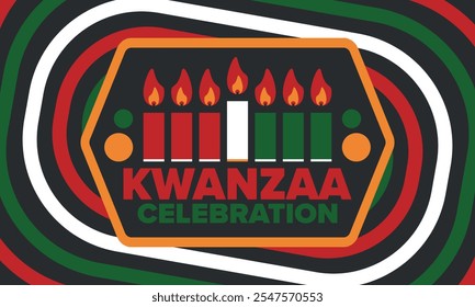 Celebración feliz de Kwanzaa. Festividad cultural afroamericana. Fiesta de los siete días, se celebra anualmente del 26 de diciembre al 1 de enero. Historia negra. Póster, tarjeta, Anuncio y fondo. Vector