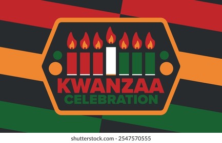 Celebración feliz de Kwanzaa. Festividad cultural afroamericana. Fiesta de los siete días, se celebra anualmente del 26 de diciembre al 1 de enero. Historia negra. Póster, tarjeta, Anuncio y fondo. Vector