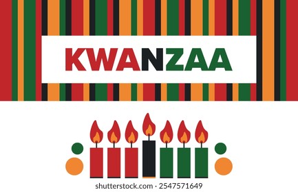 Celebración feliz de Kwanzaa. Festividad cultural afroamericana. Fiesta de los siete días, se celebra anualmente del 26 de diciembre al 1 de enero. Historia negra. Póster, tarjeta, Anuncio y fondo. Vector