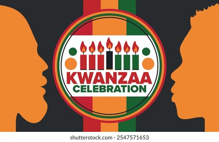 Celebración feliz de Kwanzaa. Festividad cultural afroamericana. Fiesta de los siete días, se celebra anualmente del 26 de diciembre al 1 de enero. Historia negra. Póster, tarjeta, Anuncio y fondo. Vector