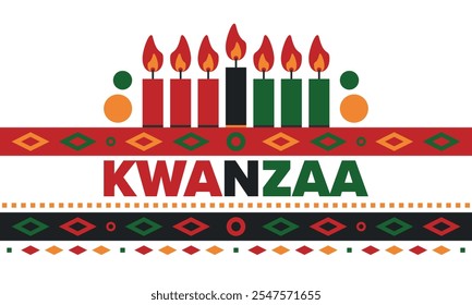 Kwanzaa Happy Celebration. African and African-American culture holiday. Seven days festival, celebrate annual from December 26 to January 1. Black history. Poster, card, banner and background. Vector