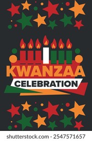 Celebración feliz de Kwanzaa. Festividad cultural afroamericana. Fiesta de los siete días, se celebra anualmente del 26 de diciembre al 1 de enero. Historia negra. Póster, tarjeta, Anuncio y fondo. Vector