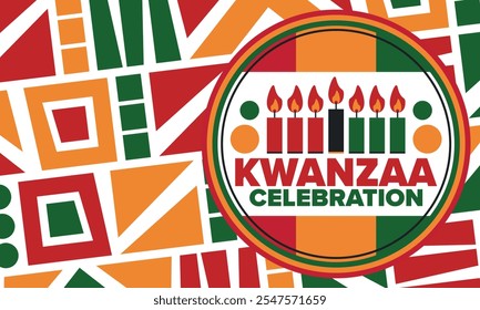 Kwanzaa Happy Celebration. African and African-American culture holiday. Seven days festival, celebrate annual from December 26 to January 1. Black history. Poster, card, banner and background. Vector