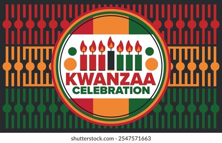 Kwanzaa Happy Celebration. African and African-American culture holiday. Seven days festival, celebrate annual from December 26 to January 1. Black history. Poster, card, banner and background. Vector