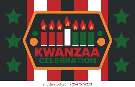 Celebración feliz de Kwanzaa. Festividad cultural afroamericana. Fiesta de los siete días, se celebra anualmente del 26 de diciembre al 1 de enero. Historia negra. Póster, tarjeta, Anuncio y fondo. Vector