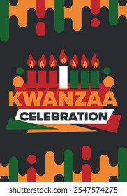 Celebración feliz de Kwanzaa. Festividad cultural afroamericana. Fiesta de los siete días, se celebra anualmente del 26 de diciembre al 1 de enero. Historia negra. Póster, tarjeta, Anuncio y fondo. Vector