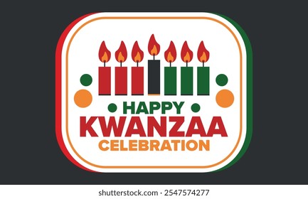 Celebración feliz de Kwanzaa. Festividad cultural afroamericana. Fiesta de los siete días, se celebra anualmente del 26 de diciembre al 1 de enero. Historia negra. Póster, tarjeta, Anuncio y fondo. Vector