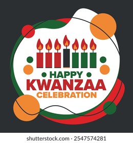 Celebración feliz de Kwanzaa. Festividad cultural afroamericana. Fiesta de los siete días, se celebra anualmente del 26 de diciembre al 1 de enero. Historia negra. Póster, tarjeta, Anuncio y fondo. Vector