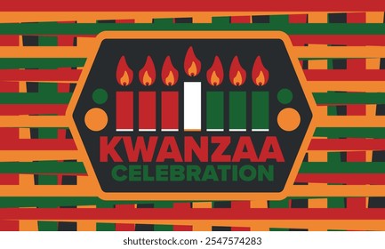 Celebración feliz de Kwanzaa. Festividad cultural afroamericana. Fiesta de los siete días, se celebra anualmente del 26 de diciembre al 1 de enero. Historia negra. Póster, tarjeta, Anuncio y fondo. Vector