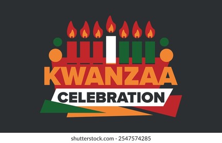 Kwanzaa Happy Celebration. African and African-American culture holiday. Seven days festival, celebrate annual from December 26 to January 1. Black history. Poster, card, banner and background. Vector