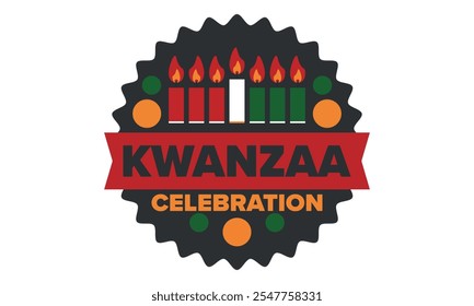 Kwanzaa Happy Celebration. African and African-American culture holiday. Seven days festival, celebrate annual from December 26 to January 1. Black history. Poster, card, banner and background. Vector