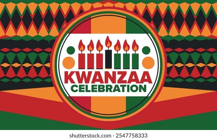 Kwanzaa Happy Celebration. African and African-American culture holiday. Seven days festival, celebrate annual from December 26 to January 1. Black history. Poster, card, banner and background. Vector