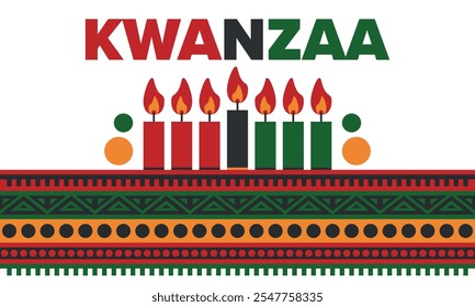 Celebración feliz de Kwanzaa. Festividad cultural afroamericana. Fiesta de los siete días, se celebra anualmente del 26 de diciembre al 1 de enero. Historia negra. Póster, tarjeta, Anuncio y fondo. Vector