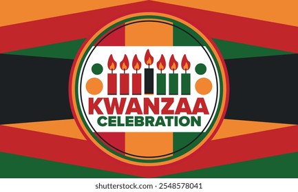 Celebración feliz de Kwanzaa. Festividad cultural afroamericana. Fiesta de los siete días, se celebra anualmente del 26 de diciembre al 1 de enero. Historia negra. Póster, tarjeta, Anuncio y fondo. Vector