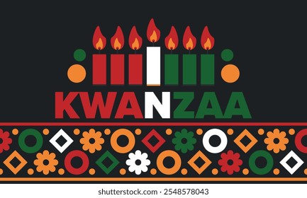 Kwanzaa Happy Celebration. African and African-American culture holiday. Seven days festival, celebrate annual from December 26 to January 1. Black history. Poster, card, banner and background. Vector