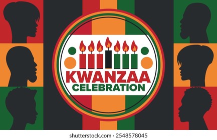 Kwanzaa Happy Celebration. African and African-American culture holiday. Seven days festival, celebrate annual from December 26 to January 1. Black history. Poster, card, banner and background. Vector