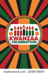 Kwanzaa Happy Celebration. African and African-American culture holiday. Seven days festival, celebrate annual from December 26 to January 1. Black history. Poster, card, banner and background. Vector