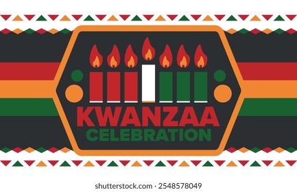 Celebración feliz de Kwanzaa. Festividad cultural afroamericana. Fiesta de los siete días, se celebra anualmente del 26 de diciembre al 1 de enero. Historia negra. Póster, tarjeta, Anuncio y fondo. Vector