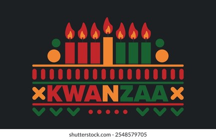 Celebración feliz de Kwanzaa. Festividad cultural afroamericana. Fiesta de los siete días, se celebra anualmente del 26 de diciembre al 1 de enero. Historia negra. Póster, tarjeta, Anuncio y fondo. Vector