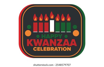 Celebración feliz de Kwanzaa. Festividad cultural afroamericana. Fiesta de los siete días, se celebra anualmente del 26 de diciembre al 1 de enero. Historia negra. Póster, tarjeta, Anuncio y fondo. Vector