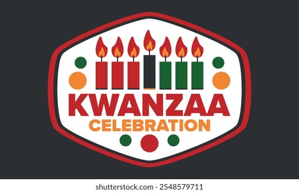 Celebración feliz de Kwanzaa. Festividad cultural afroamericana. Fiesta de los siete días, se celebra anualmente del 26 de diciembre al 1 de enero. Historia negra. Póster, tarjeta, Anuncio y fondo. Vector