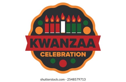 Celebración feliz de Kwanzaa. Festividad cultural afroamericana. Fiesta de los siete días, se celebra anualmente del 26 de diciembre al 1 de enero. Historia negra. Póster, tarjeta, Anuncio y fondo. Vector