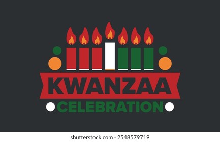 Celebración feliz de Kwanzaa. Festividad cultural afroamericana. Fiesta de los siete días, se celebra anualmente del 26 de diciembre al 1 de enero. Historia negra. Póster, tarjeta, Anuncio y fondo. Vector