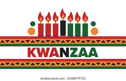 Celebración feliz de Kwanzaa. Festividad cultural afroamericana. Fiesta de los siete días, se celebra anualmente del 26 de diciembre al 1 de enero. Historia negra. Póster, tarjeta, Anuncio y fondo. Vector