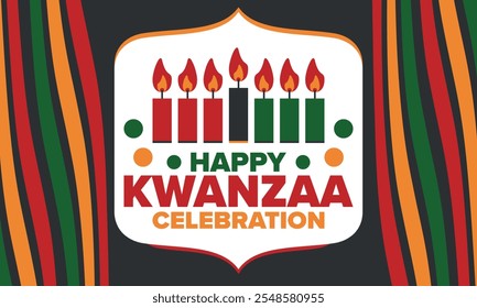 Celebración feliz de Kwanzaa. Festividad cultural afroamericana. Fiesta de los siete días, se celebra anualmente del 26 de diciembre al 1 de enero. Historia negra. Póster, tarjeta, Anuncio y fondo. Vector