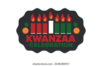 Celebración feliz de Kwanzaa. Festividad cultural afroamericana. Fiesta de los siete días, se celebra anualmente del 26 de diciembre al 1 de enero. Historia negra. Póster, tarjeta, Anuncio y fondo. Vector