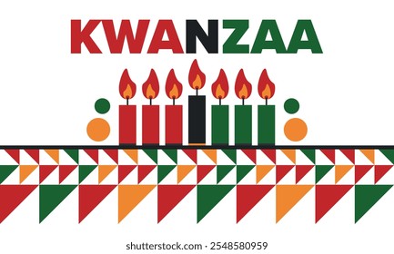 Kwanzaa Happy Celebration. African and African-American culture holiday. Seven days festival, celebrate annual from December 26 to January 1. Black history. Poster, card, banner and background. Vector