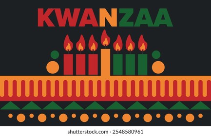 Celebración feliz de Kwanzaa. Festividad cultural afroamericana. Fiesta de los siete días, se celebra anualmente del 26 de diciembre al 1 de enero. Historia negra. Póster, tarjeta, Anuncio y fondo. Vector