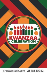 Celebración feliz de Kwanzaa. Festividad cultural afroamericana. Fiesta de los siete días, se celebra anualmente del 26 de diciembre al 1 de enero. Historia negra. Póster, tarjeta, Anuncio y fondo. Vector