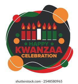 Celebración feliz de Kwanzaa. Festividad cultural afroamericana. Fiesta de los siete días, se celebra anualmente del 26 de diciembre al 1 de enero. Historia negra. Póster, tarjeta, Anuncio y fondo. Vector