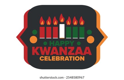 Celebración feliz de Kwanzaa. Festividad cultural afroamericana. Fiesta de los siete días, se celebra anualmente del 26 de diciembre al 1 de enero. Historia negra. Póster, tarjeta, Anuncio y fondo. Vector