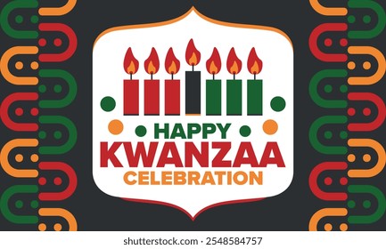 Kwanzaa Happy Celebration. African and African-American culture holiday. Seven days festival, celebrate annual from December 26 to January 1. Black history. Poster, card, banner and background. Vector