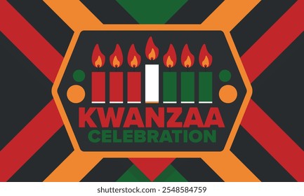 Celebración feliz de Kwanzaa. Festividad cultural afroamericana. Fiesta de los siete días, se celebra anualmente del 26 de diciembre al 1 de enero. Historia negra. Póster, tarjeta, Anuncio y fondo. Vector