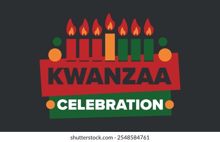 Kwanzaa Feliz Celebração. Feriado da cultura afro-americana. Festival de sete dias, comemorar anualmente de 26 de dezembro a 1º de janeiro. História negra. Cartaz, cartão, faixa e fundo. Vetor