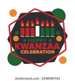 Celebración feliz de Kwanzaa. Festividad cultural afroamericana. Fiesta de los siete días, se celebra anualmente del 26 de diciembre al 1 de enero. Historia negra. Póster, tarjeta, Anuncio y fondo. Vector