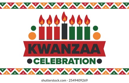 Kwanzaa Happy Celebration. African and African-American culture holiday. Seven days festival, celebrate annual from December 26 to January 1. Black history. Poster, card, banner and background. Vector